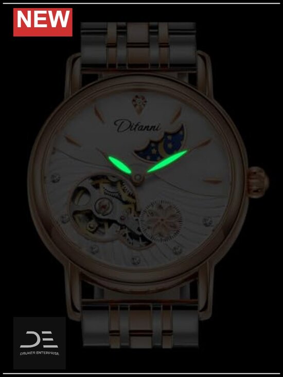 34mm Automatic Skeleton Watch with Moon Phase, Mother of Pearl Dial, Genuine main image 4